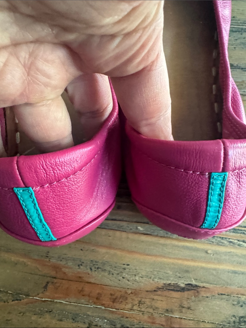 Women's Pink Leather Ballet Flats with Turquoise Heel Tab - Picture 5 of 8